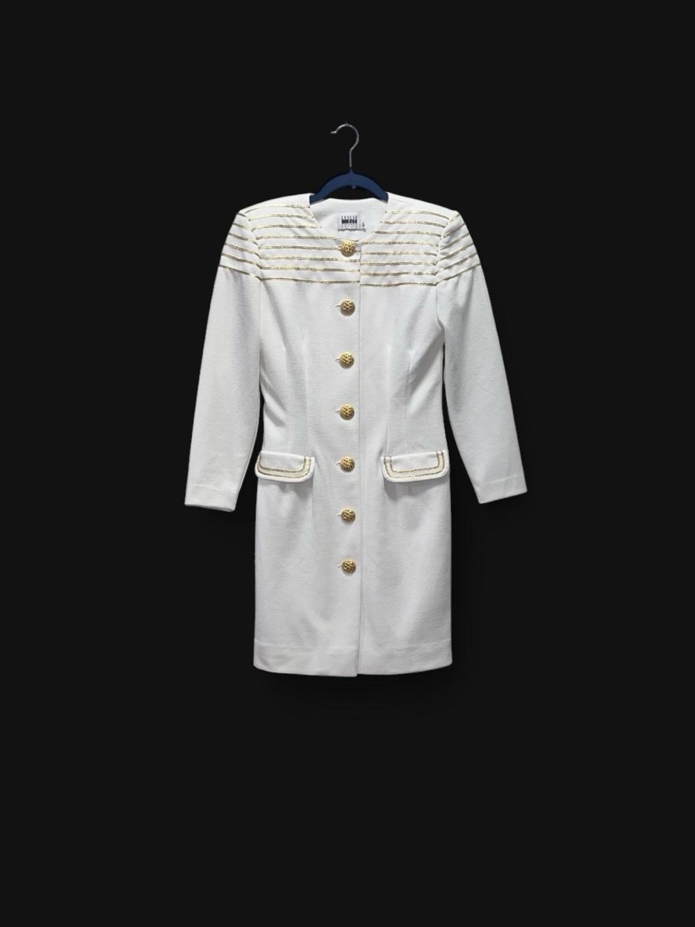 Leslie Fay White Coat Jacket with Gold Trim & Decorative Buttons